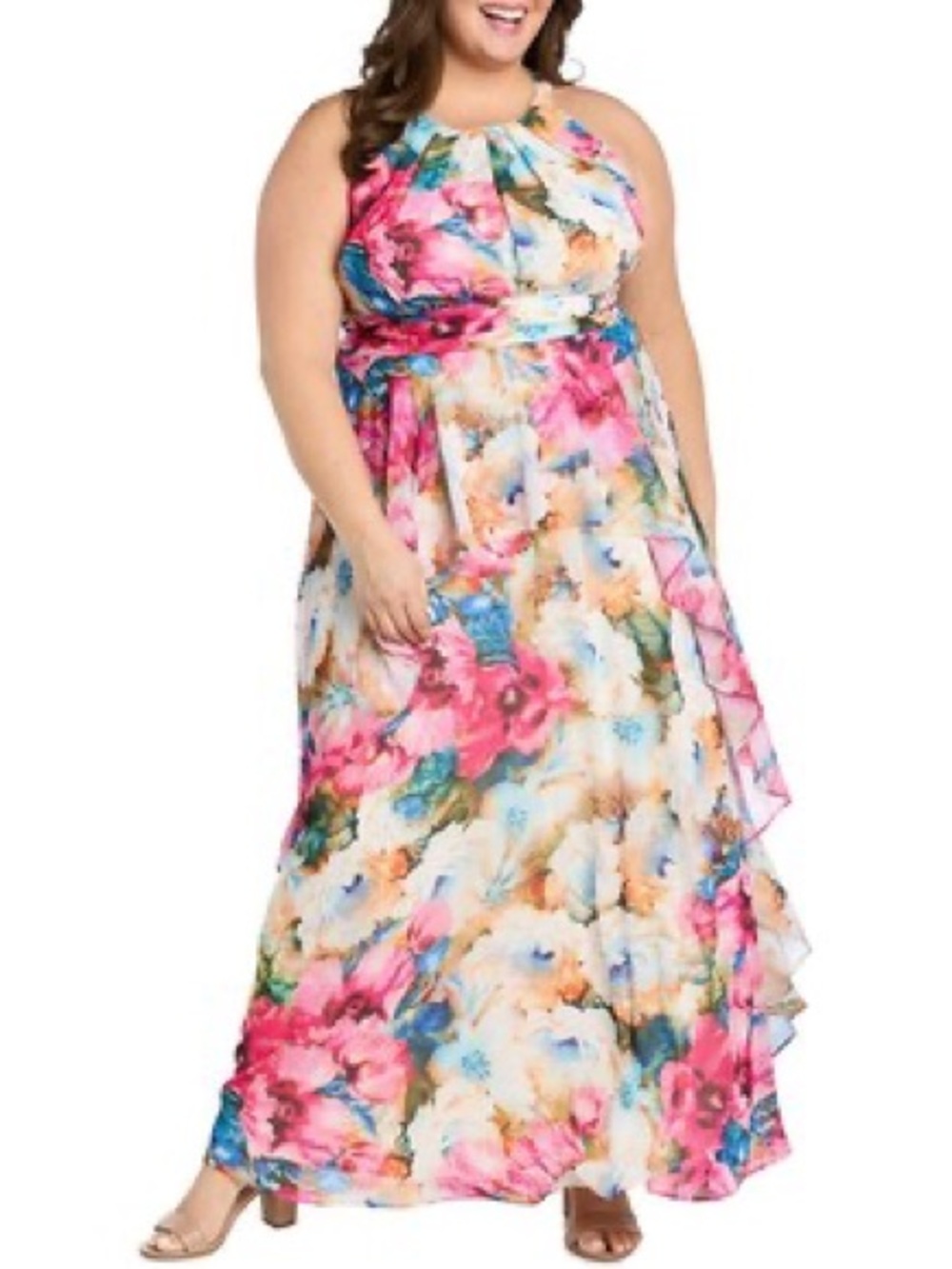 R&M Richards Pink Floral Halter Maxi Dress